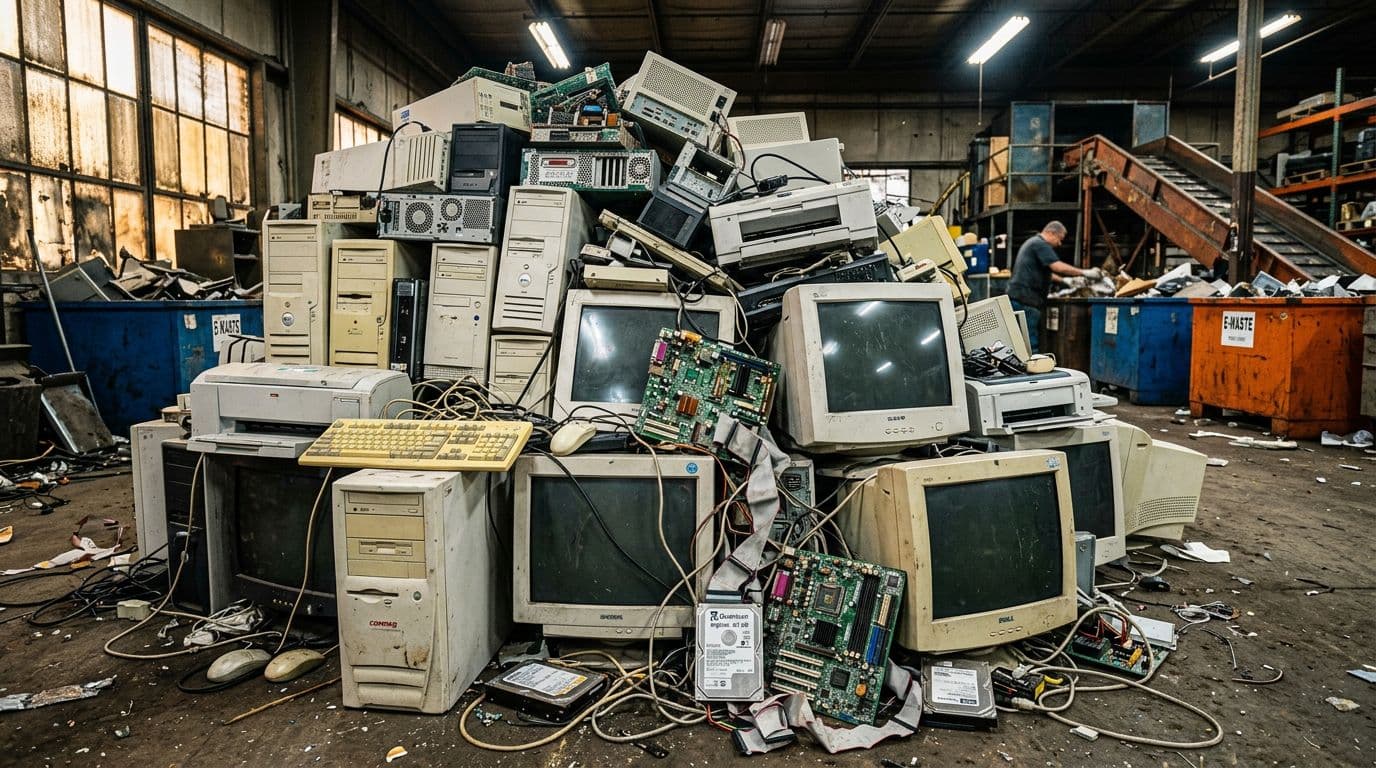 pile of old computers and electronic components ready for recycling