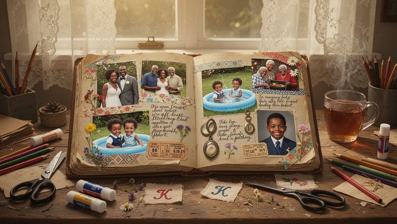 scrapbook album with photos, notes and decorations