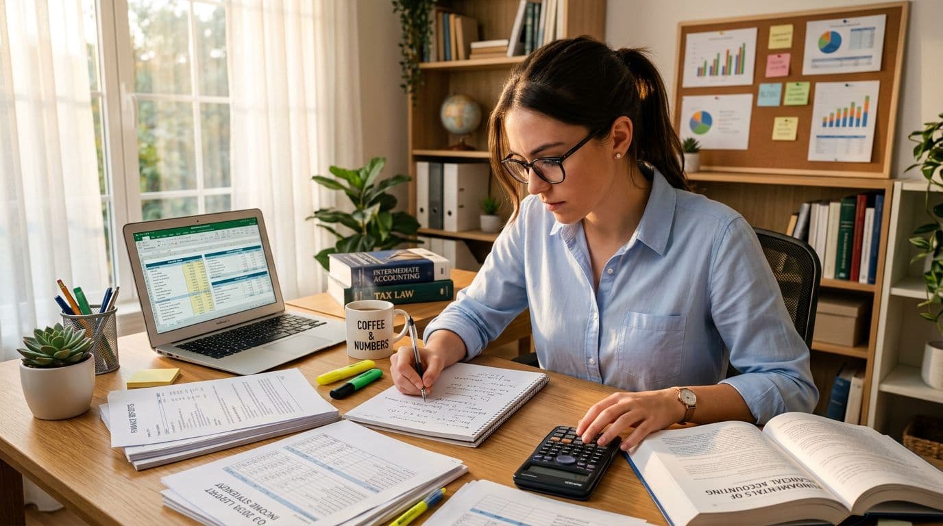 Student studying accounting concepts with calculator, laptop, and financial documents