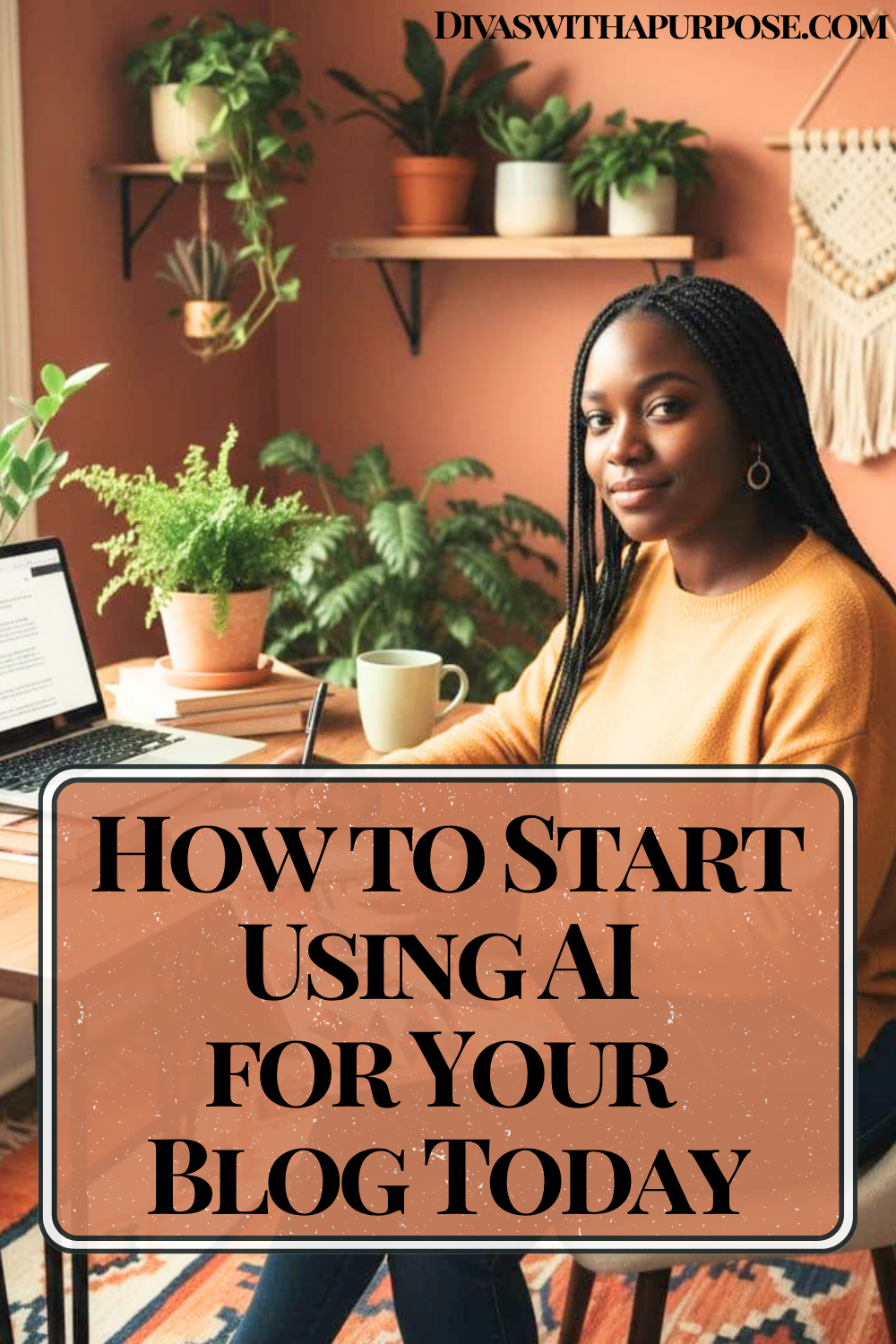 African American woman working on her laptop at a cozy desk with plants and warm decor, learning how to start using AI for blogging