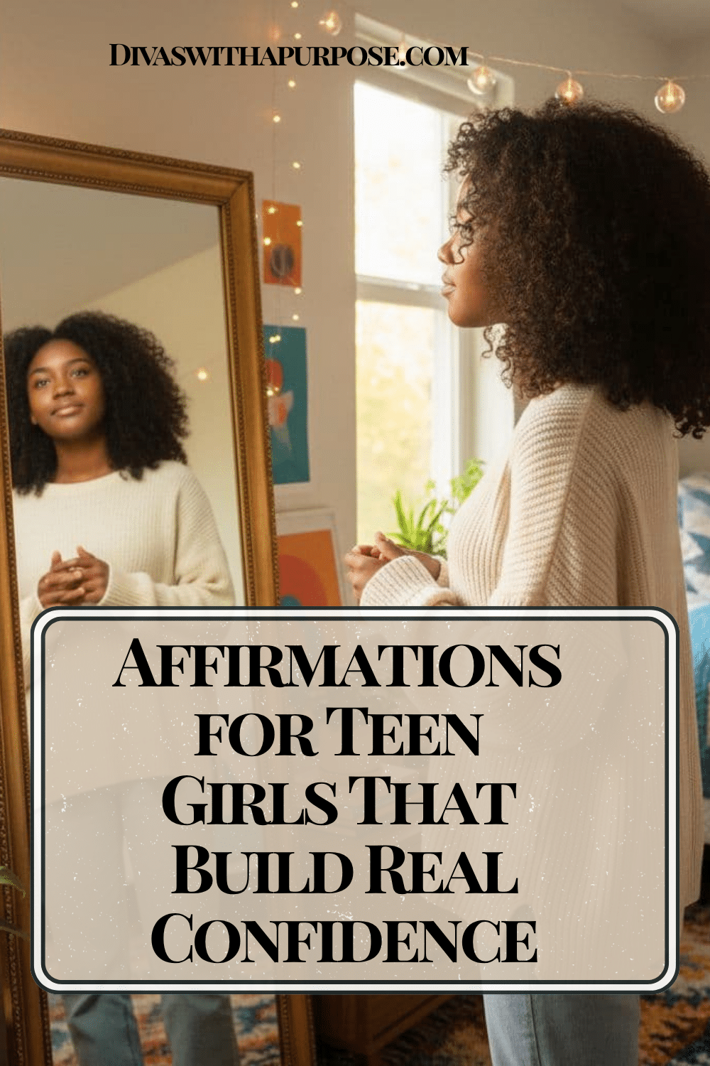 African American teenage girl standing in a cozy bedroom looking at herself in a mirror with a calm, confident expression, soft natural light and warm decor in the background, representing self-reflection and confidence building