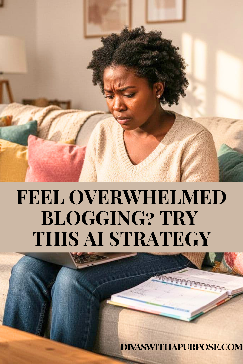 African American woman sitting on a couch using a laptop with a planner nearby, feeling overwhelmed with blogging and looking for solutions