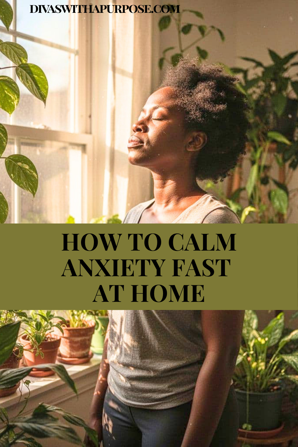 African American woman standing by a sunlit window with houseplants, eyes closed and practicing deep breathing to calm anxiety at home