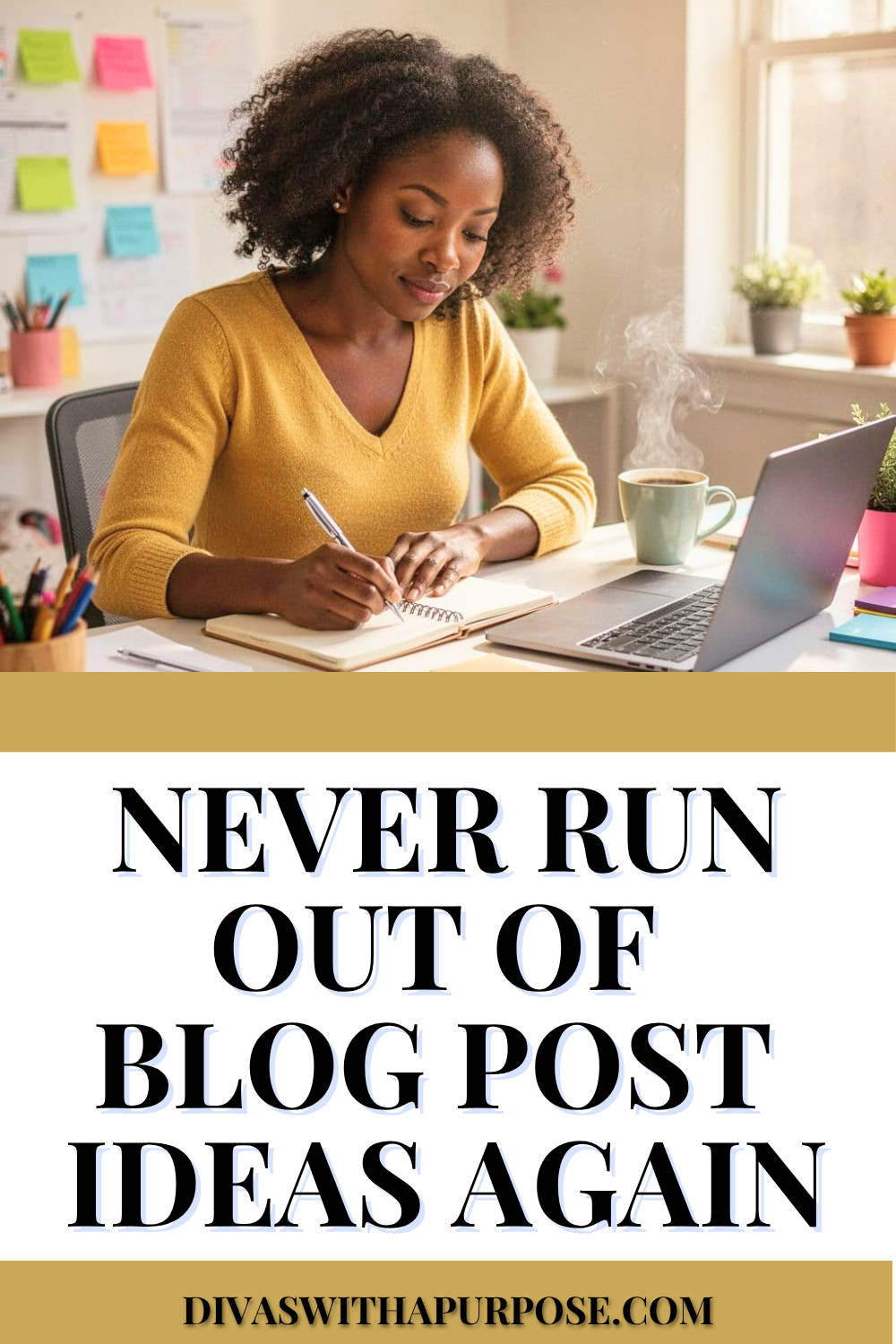 African American woman writing in a notebook at her desk with a laptop and colorful workspace, brainstorming blog post ideas using AI