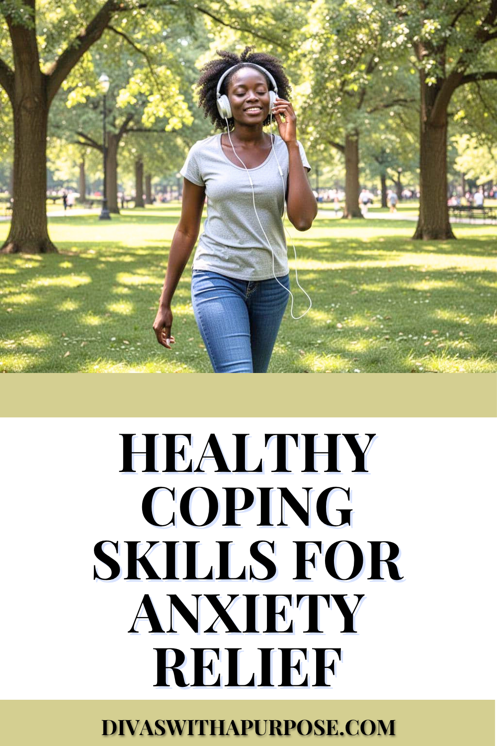 African American woman walking through a park wearing headphones and smiling, showing healthy coping skills for anxiety relief