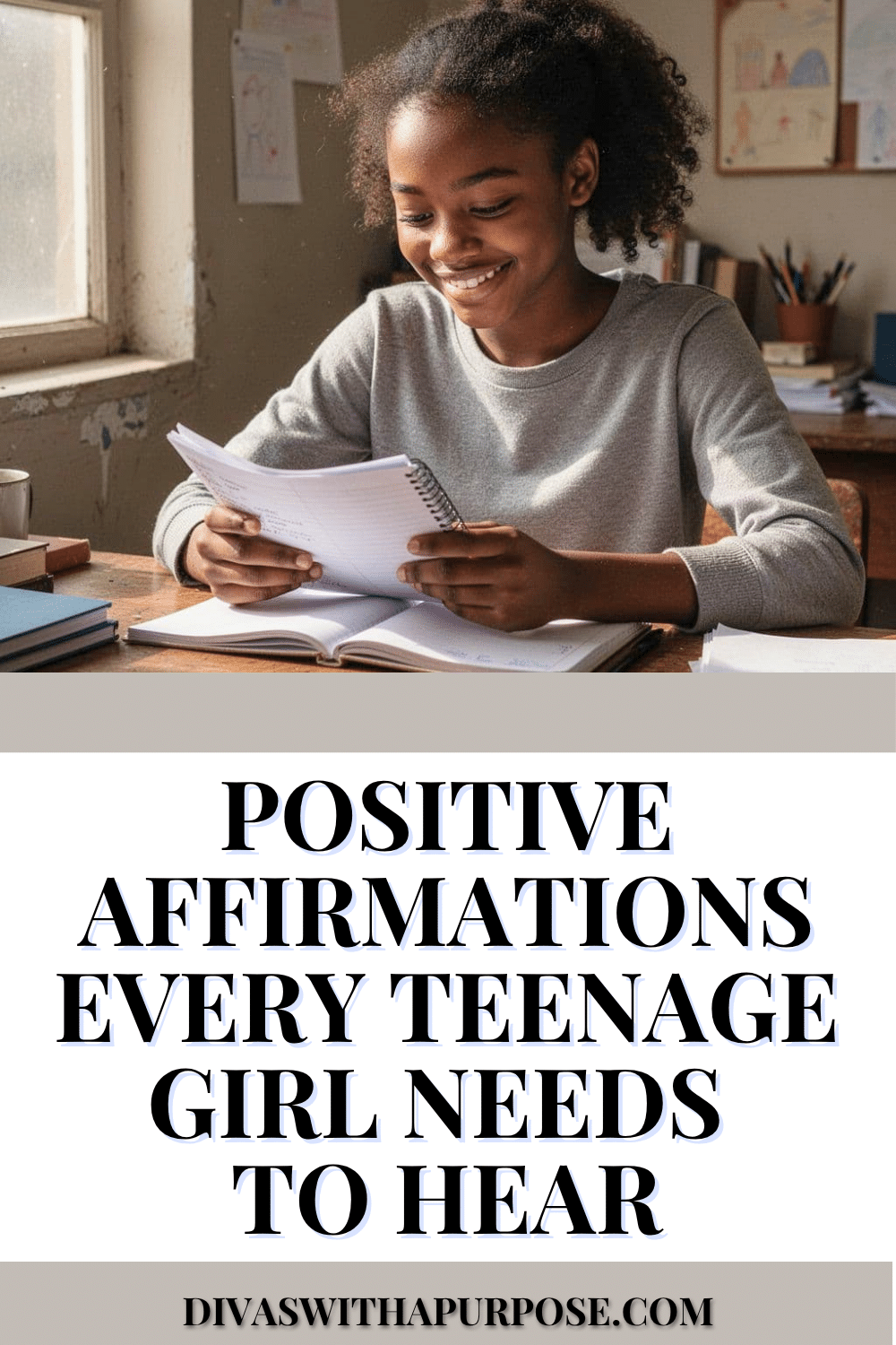 African American teenage girl smiling while reading a notebook at a desk near a window, natural sunlight and a peaceful study space, representing positive affirmations and personal growth