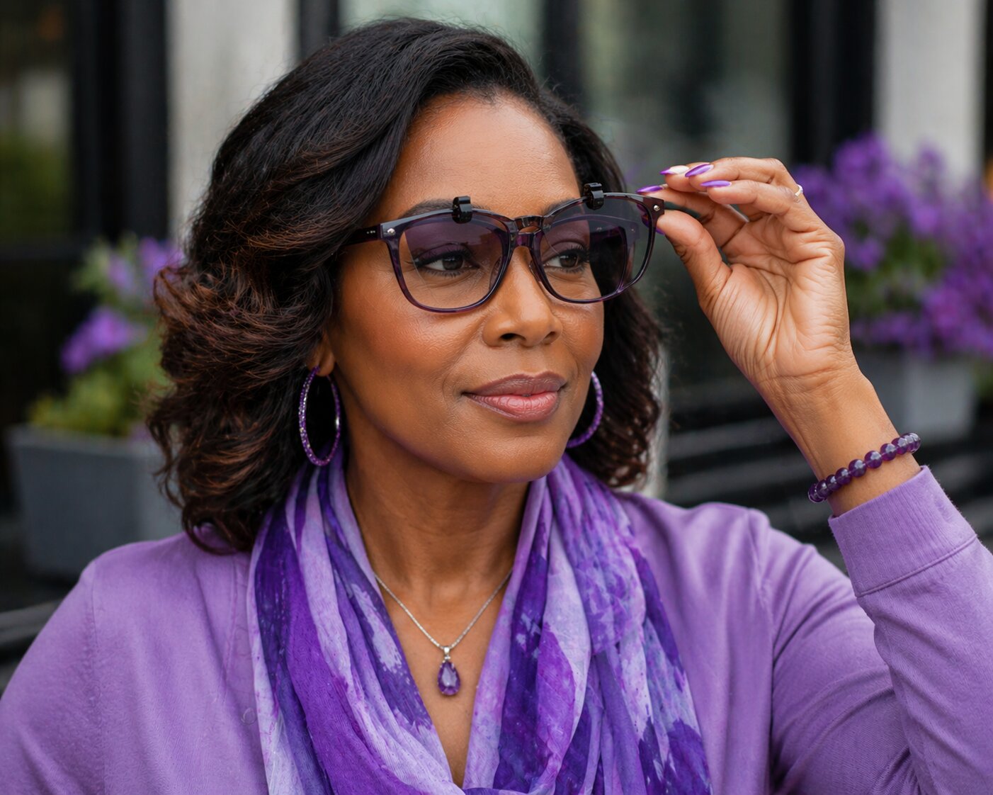 Woman wearing eyeglasses with clip-on sunglasses demonstrating practical and stylish eyewear