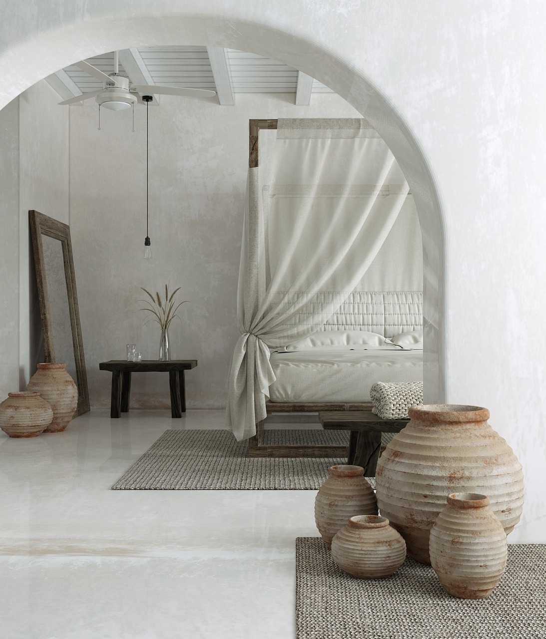 Neutral outdoor-inspired living space with soft curtains and natural textures creating a shaded, relaxing environment