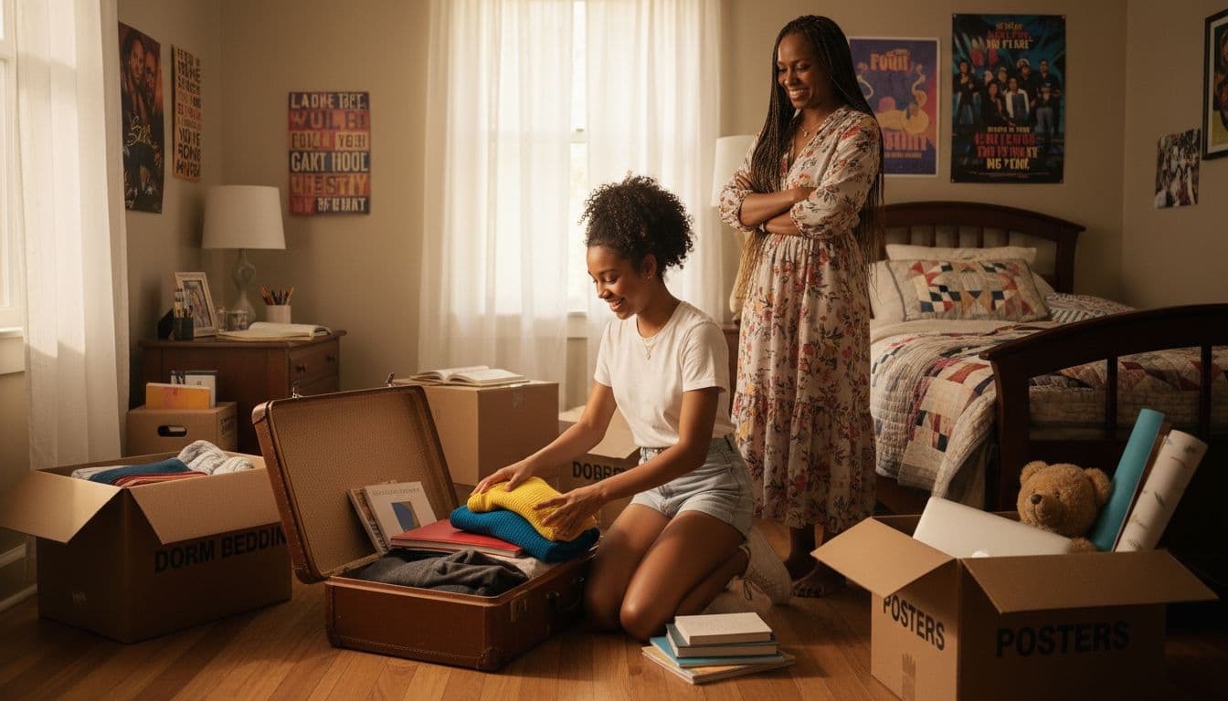 teen girl packing suitcase for college while mother looks on proudly in bedroom