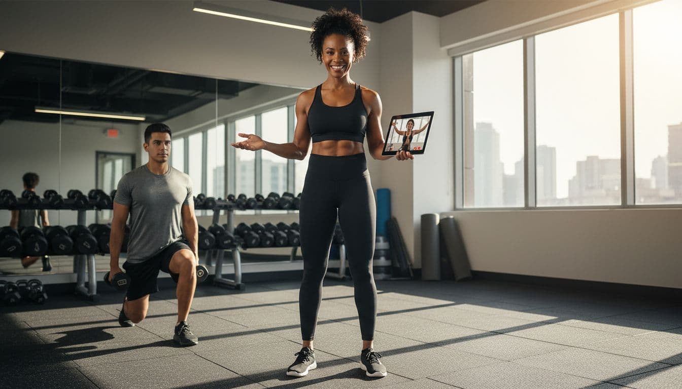 fitness coach using tablet while training client representing hybrid fitness coaching