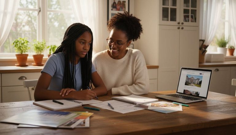Black mother and teenage daughter reviewing college plans and paperwork at kitchen table