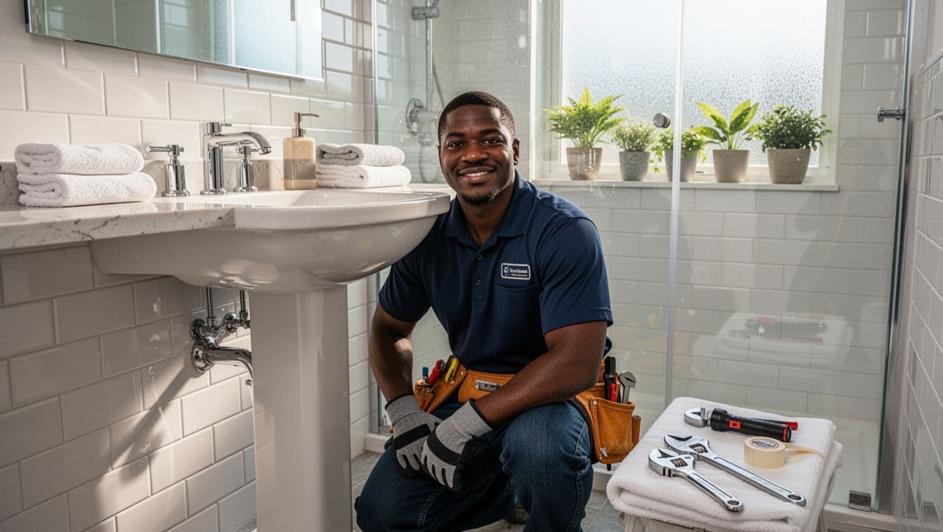 local plumber working under bathroom sink with tools in modern home