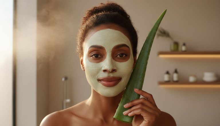 Black woman with facial mask holding aloe vera plant for natural skincare