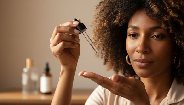 Black woman applying hair serum with dropper to natural hair for a healthy hair care routine
