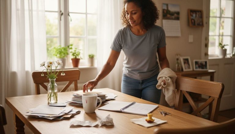 Black woman clearing clutter from kitchen table with papers and coffee mug