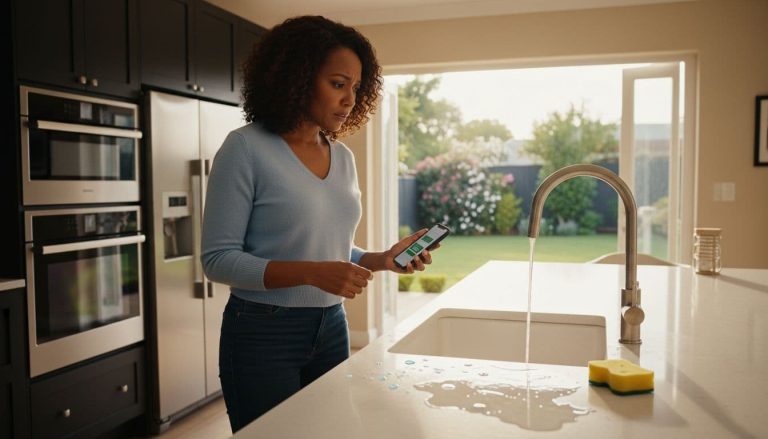 Black woman homeowner noticing water overflow from kitchen sink and calling plumber