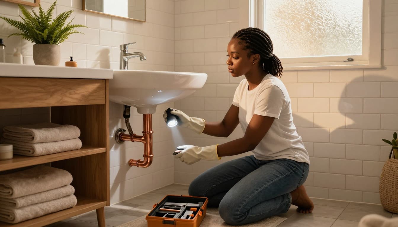 woman inspecting pipes under bathroom sink to check for plumbing issues