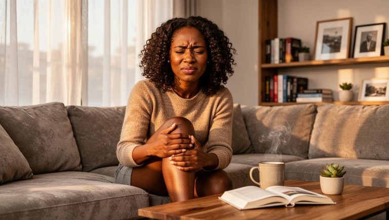 Black woman sitting on a couch holding her knee in pain in a cozy living room with warm lighting