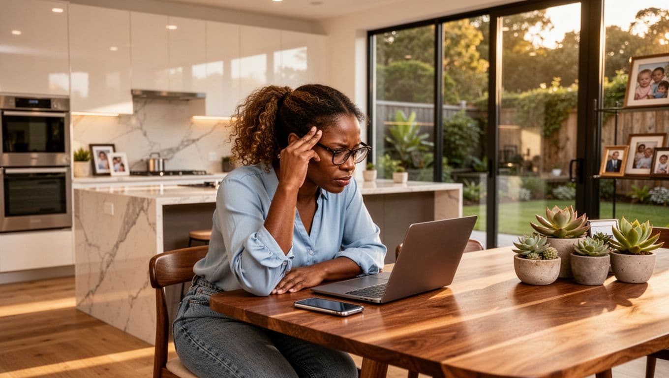 Black woman comparing professional plumbing services on laptop at home