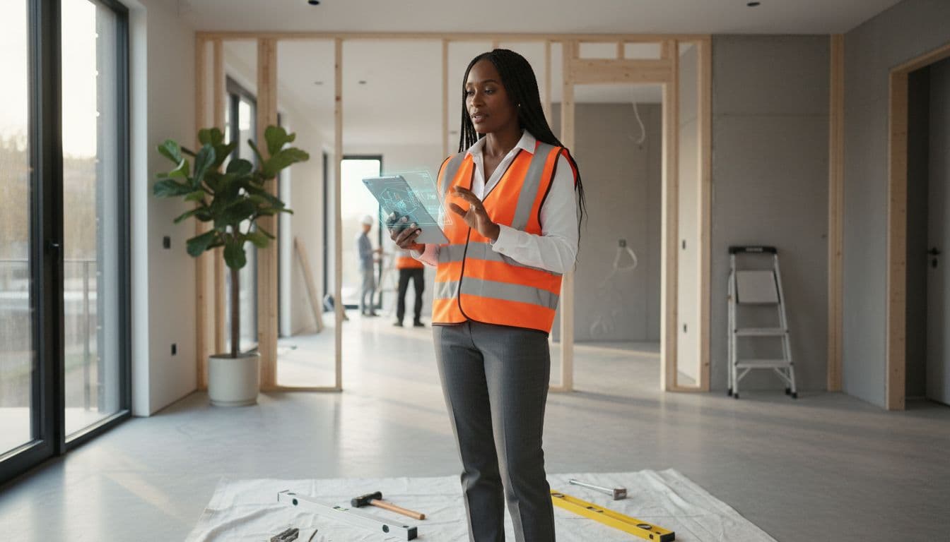 Black woman using tablet on home construction site showing technology in home building