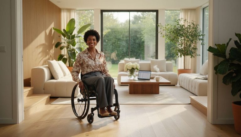 woman in a wheelchair smiling in a bright, accessible home with open space and natural light