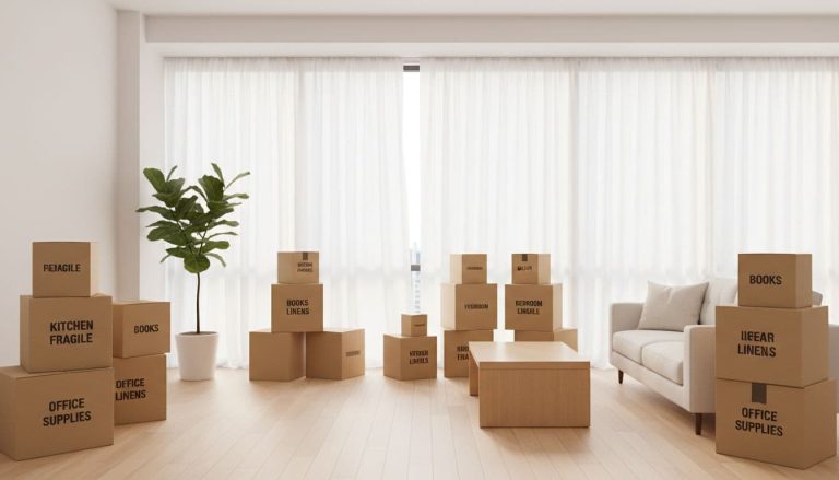 organized moving boxes in bright living room to make moving home easier