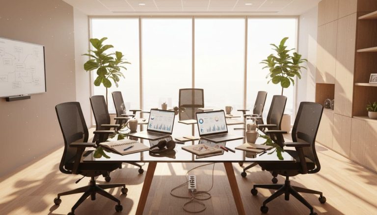 modern office meeting space with chairs and workstations