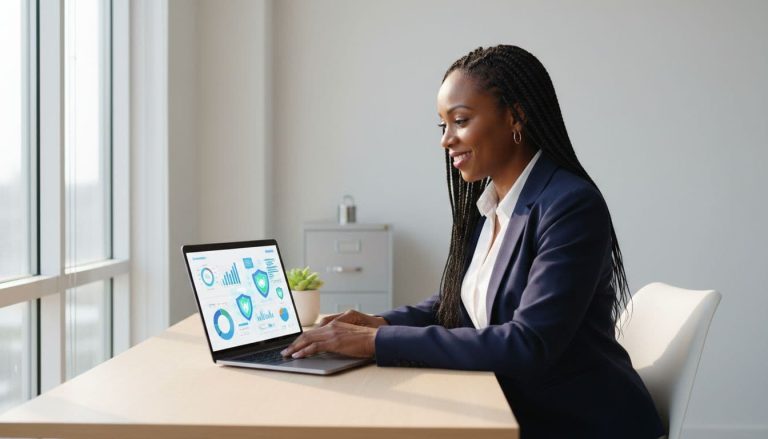Black woman smiling while working on laptop in organized office showing protected business