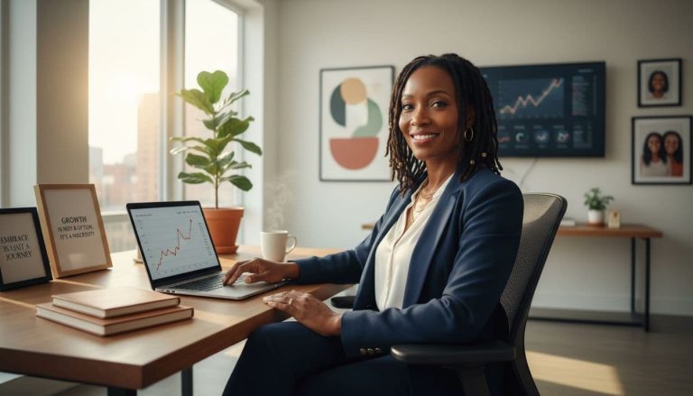 Confident Black woman business owner working on laptop with growth charts
