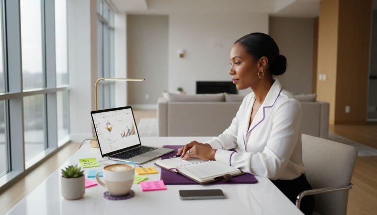 Black woman working on laptop reviewing business data and planning tasks in a modern home office