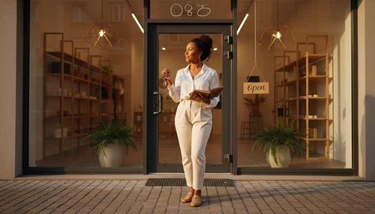 small business owner standing outside storefront holding keys and planning next steps