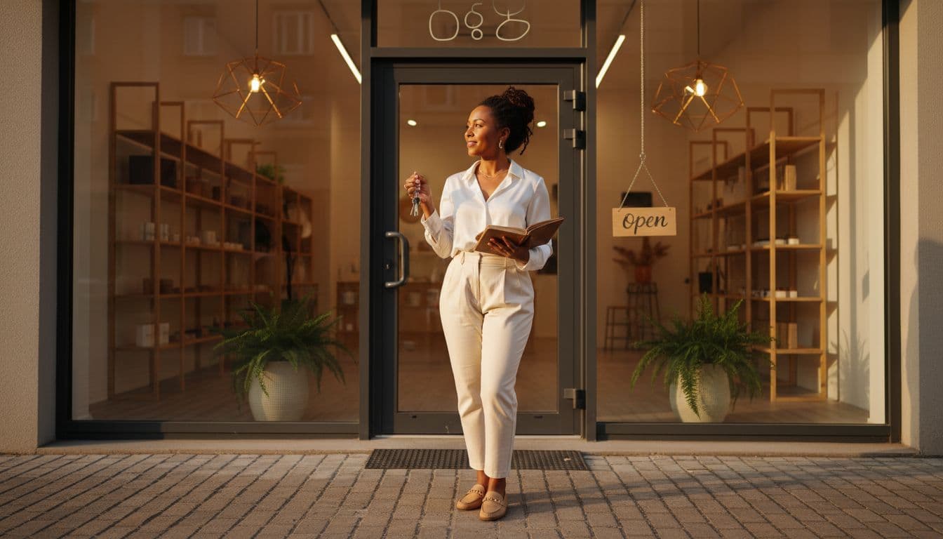 small business owner standing outside storefront holding keys and planning next steps