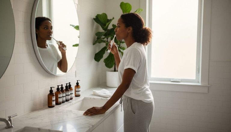 Black woman brushing her teeth in a clean, modern bathroom with natural light and a minimal, organized setup