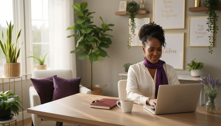 Black woman in her 40s working on a laptop at a clean home office with plants and natural light