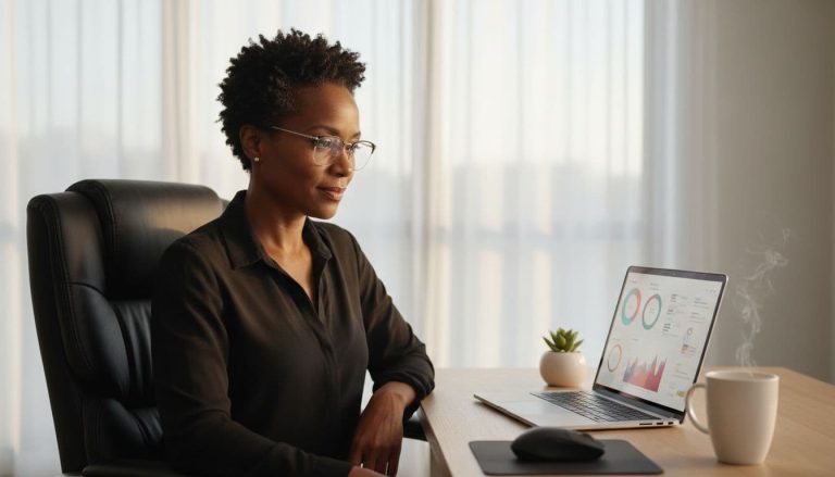 Black woman working on a laptop with data dashboards in a home office