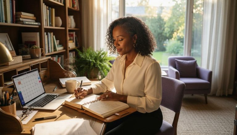 Black woman in home office writing goals in planner with laptop nearby