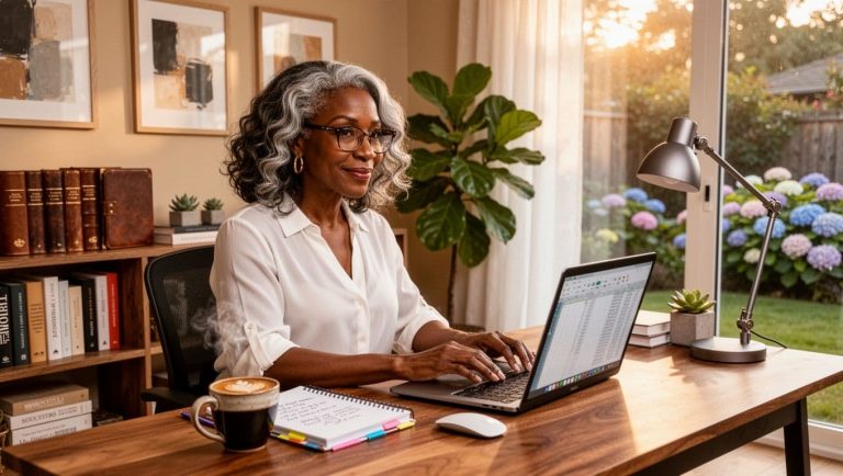 small business owner working from home office managing business tasks on laptop