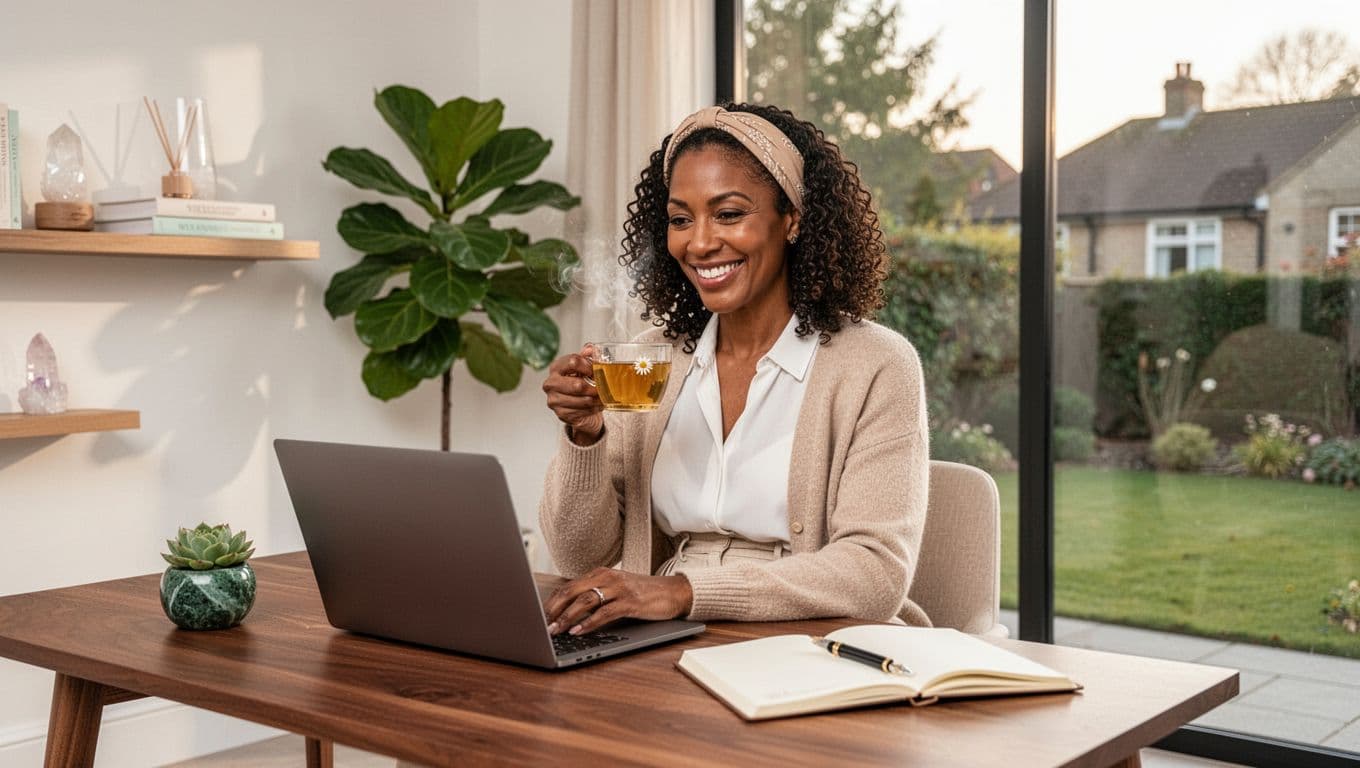 Black woman smiling while working on a laptop and drinking tea at a home office desk with plants and natural light