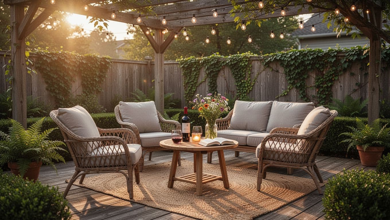 cozy backyard patio with seating and string lights showing what buyers look for in a home