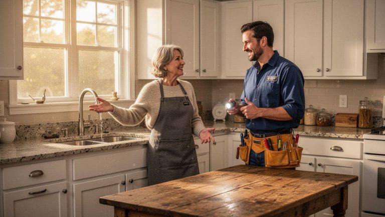 homeowner speaking with Oakland plumber in kitchen about sink repair