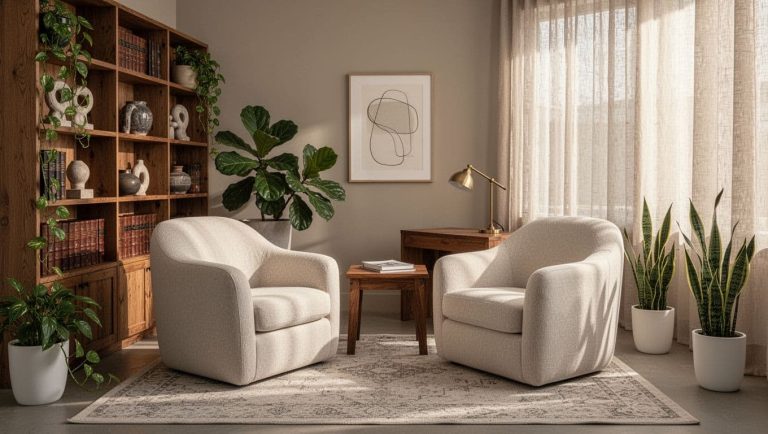 cozy therapist office with two chairs, plants, and soft natural lighting