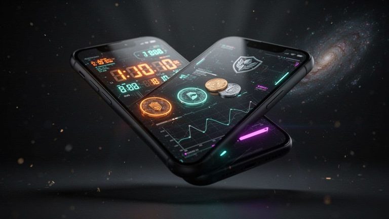 smartphone showing crypto wallet with bitcoin and ethereum balances and digital interface