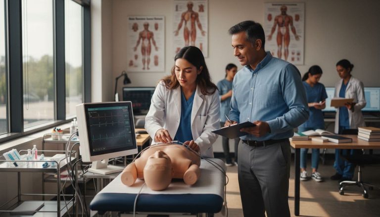 medical students practicing EKG and patient monitoring in healthcare training program