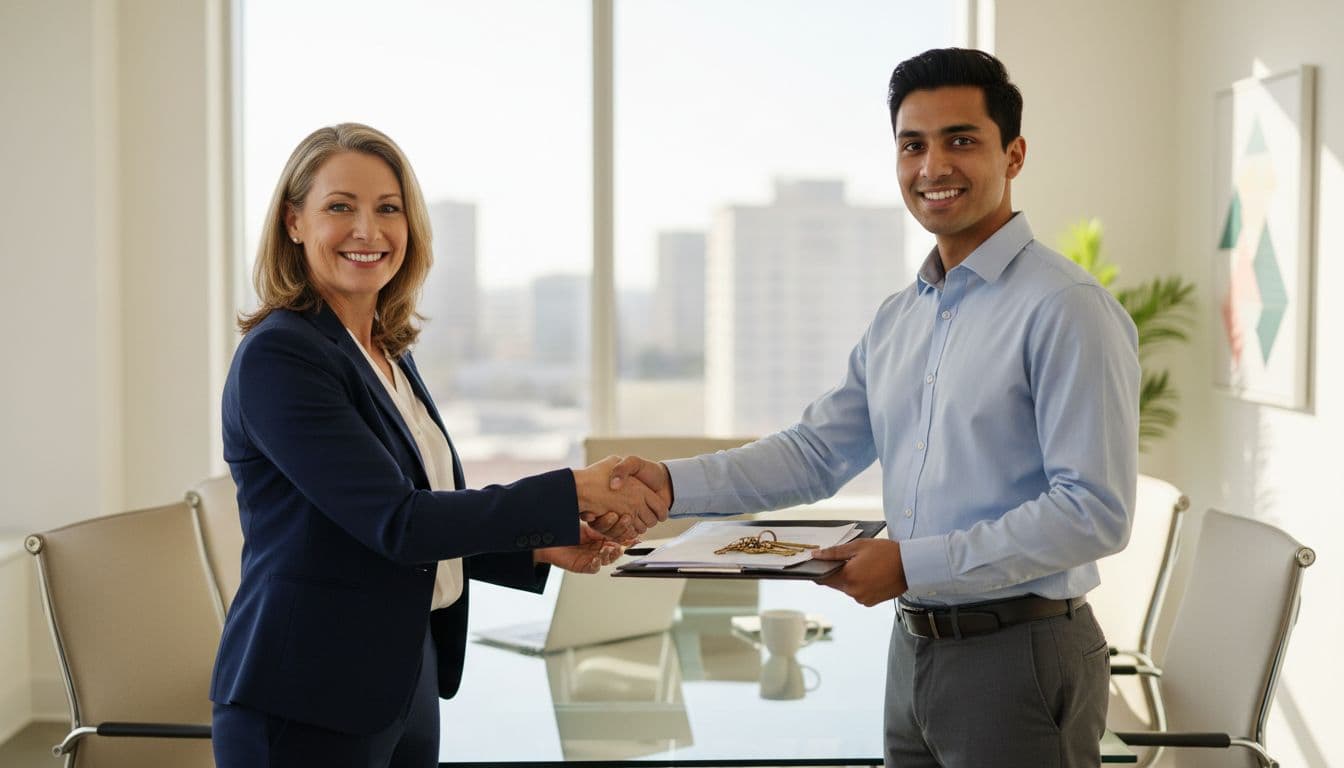 two professionals shaking hands during a business sale or ownership transition