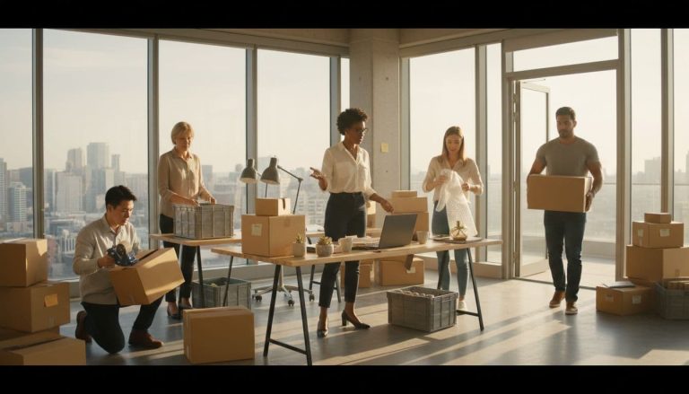 team packing boxes and organizing items in an office during a business move