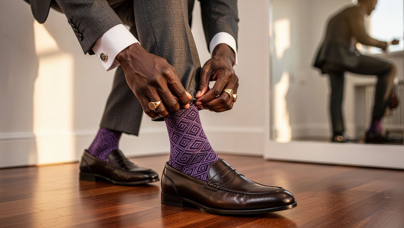 Man adjusting purple patterned dress socks with brown leather shoes in a professional setting