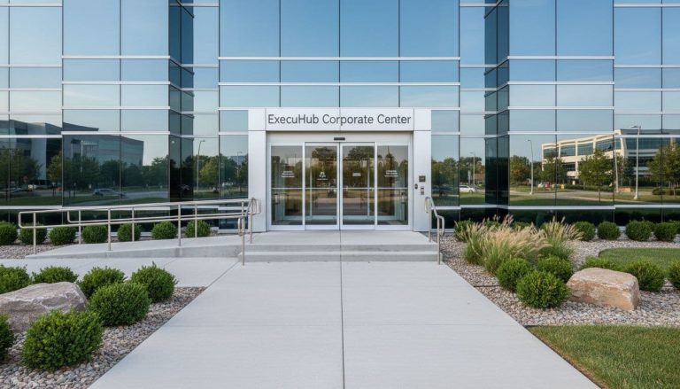 modern business premises entrance with clear signage and accessible walkway