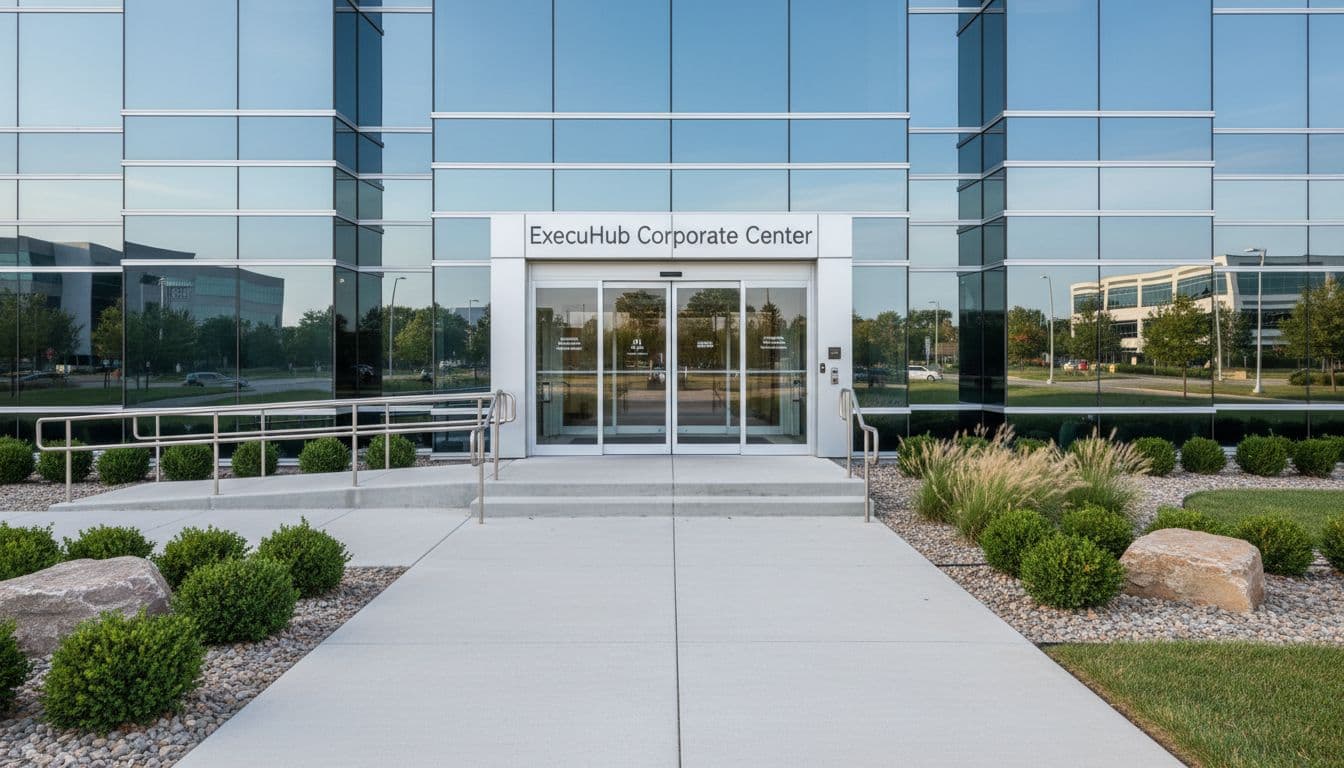 modern business premises entrance with clear signage and accessible walkway