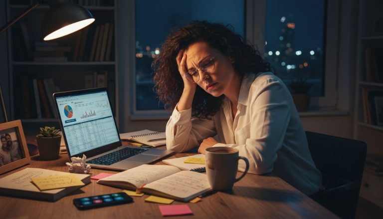 female entrepreneur stressed using complex accounting software late at night