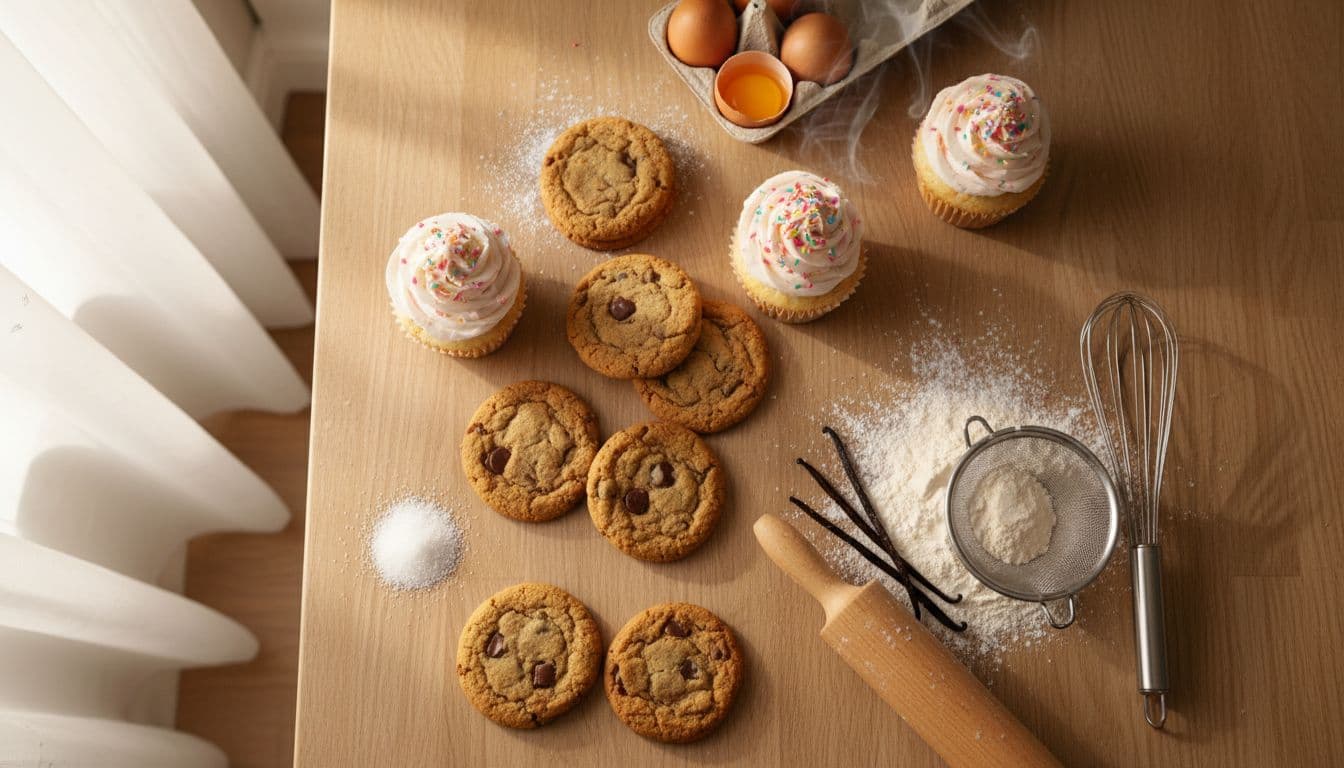 Flat lay of homemade cookies and cupcakes with baking tools and ingredients on a wooden surface